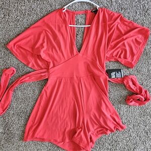 Coral V-Neck Romper, XS